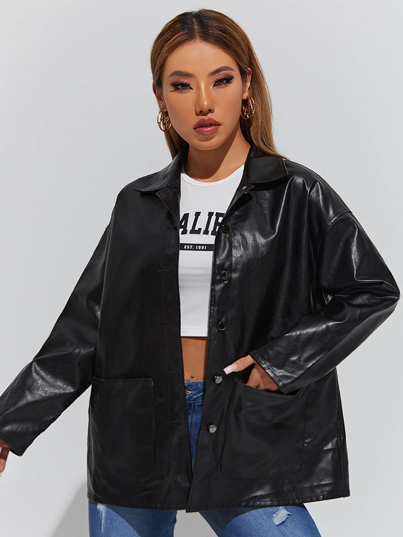Casual Plain Button Front Long Sleeve Collar Long Womens Coat