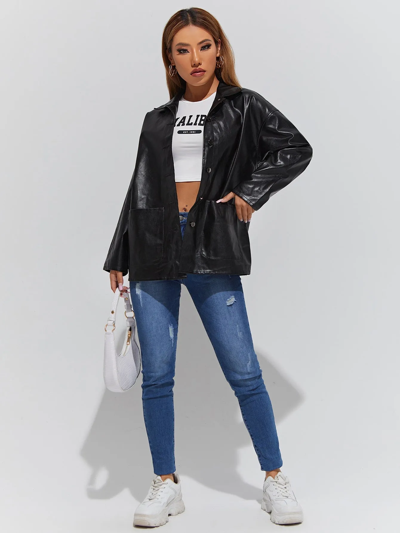 Casual Plain Button Front Long Sleeve Collar Long Womens Coat