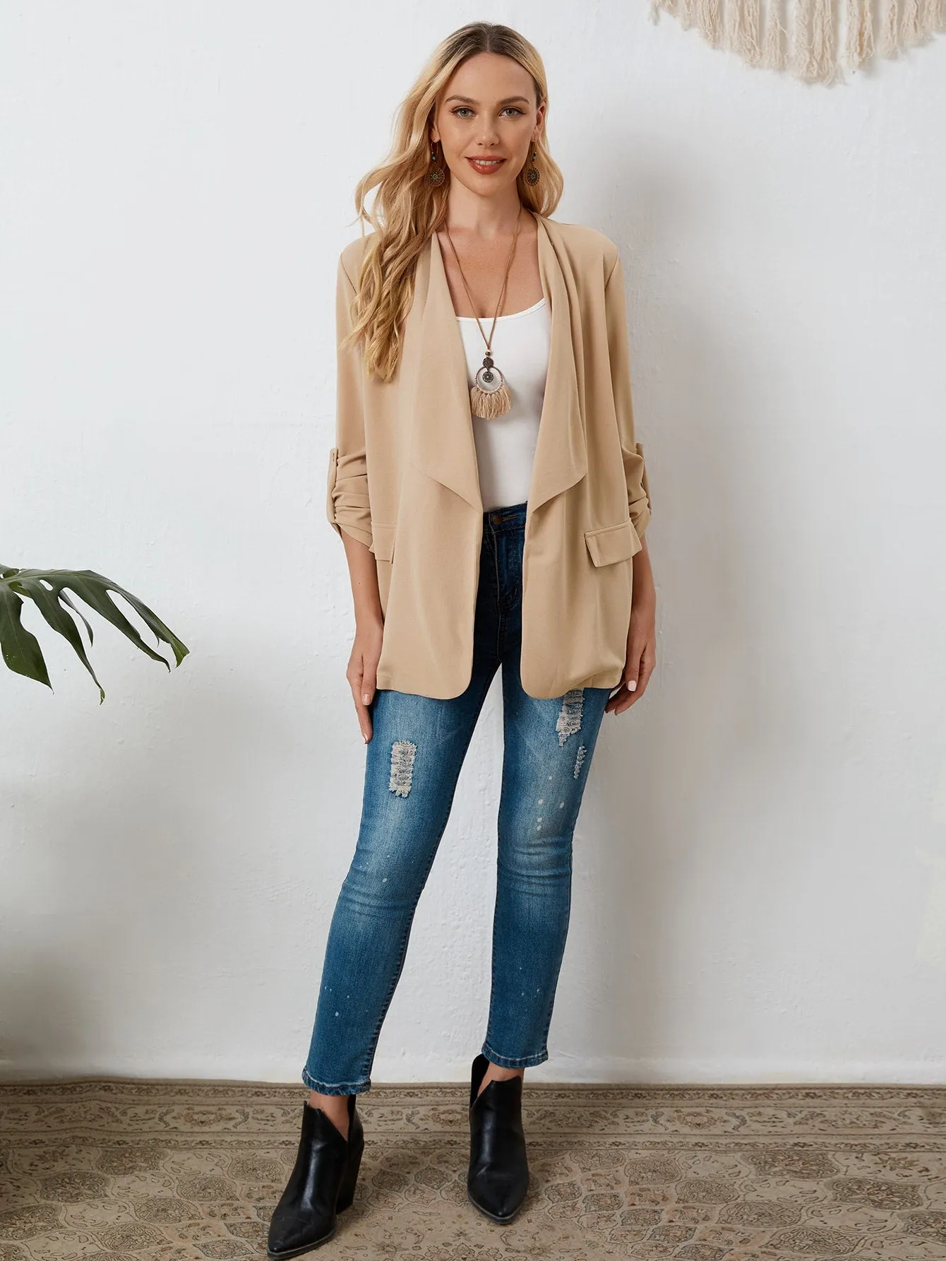 Casual Plain Long Sleeve Waterfall Short Women Coat