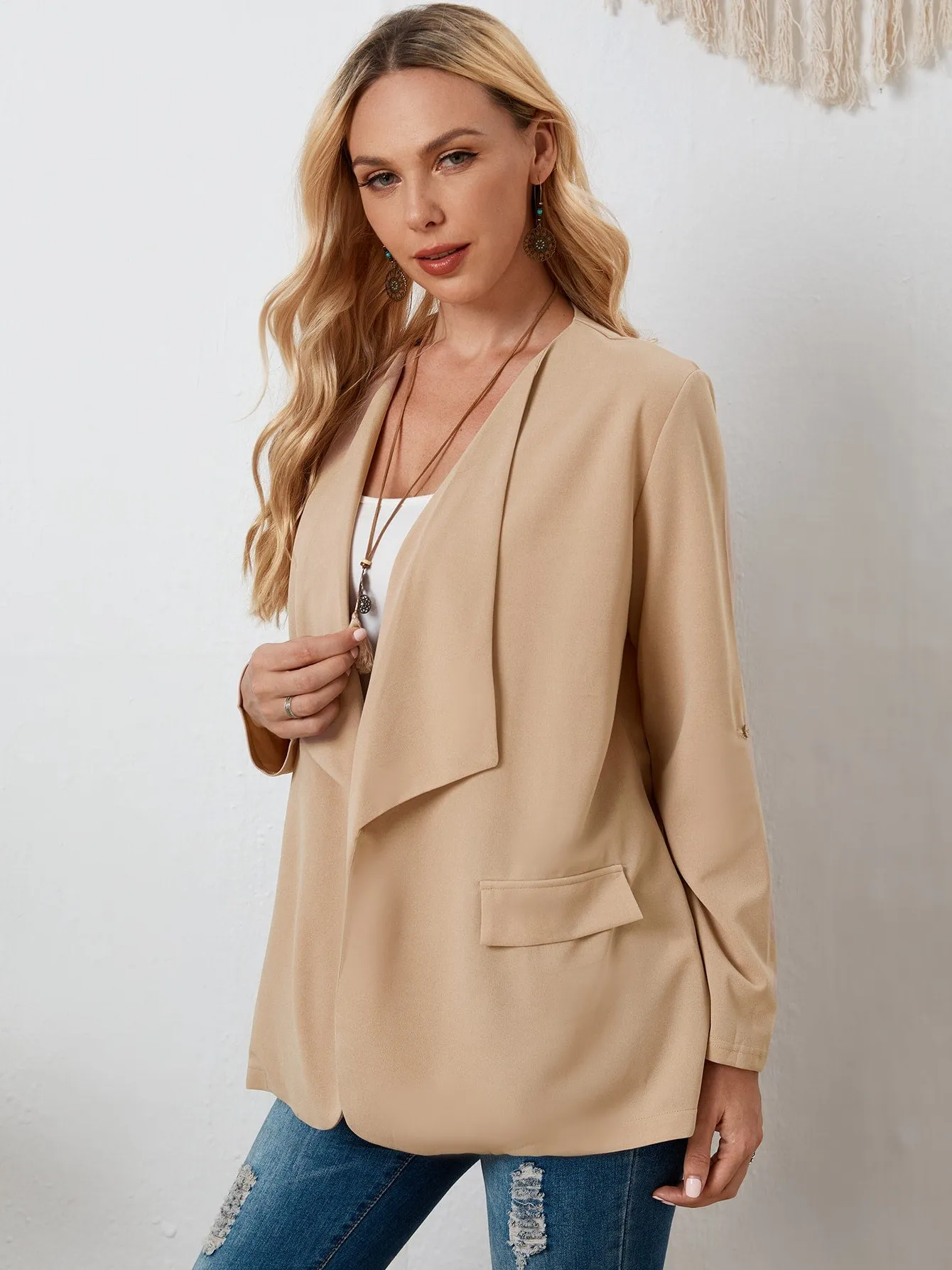 Casual Plain Long Sleeve Waterfall Short Women Coat