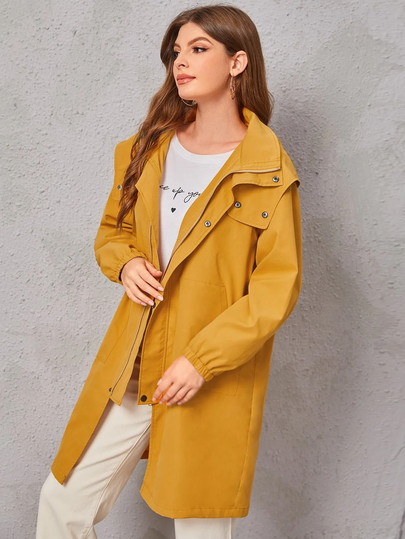 Casual Plain Zipper Long Sleeve Hooded Short Women Coat