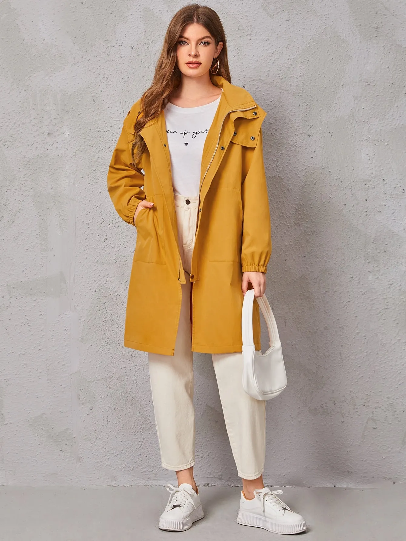 Casual Plain Zipper Long Sleeve Hooded Short Women Coat
