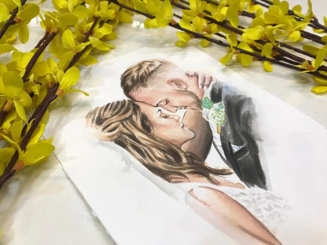 Custom portrait of couple, Wedding day gift for bride and groom
