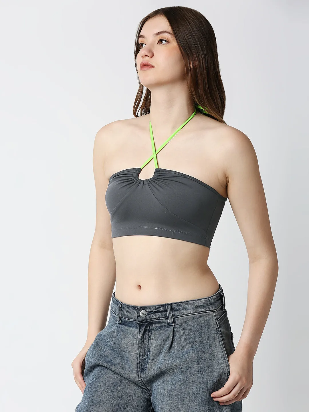 Disrupt Women Charcoal Rouched Cross Front Halter Neck Tie-Up Crop Top
