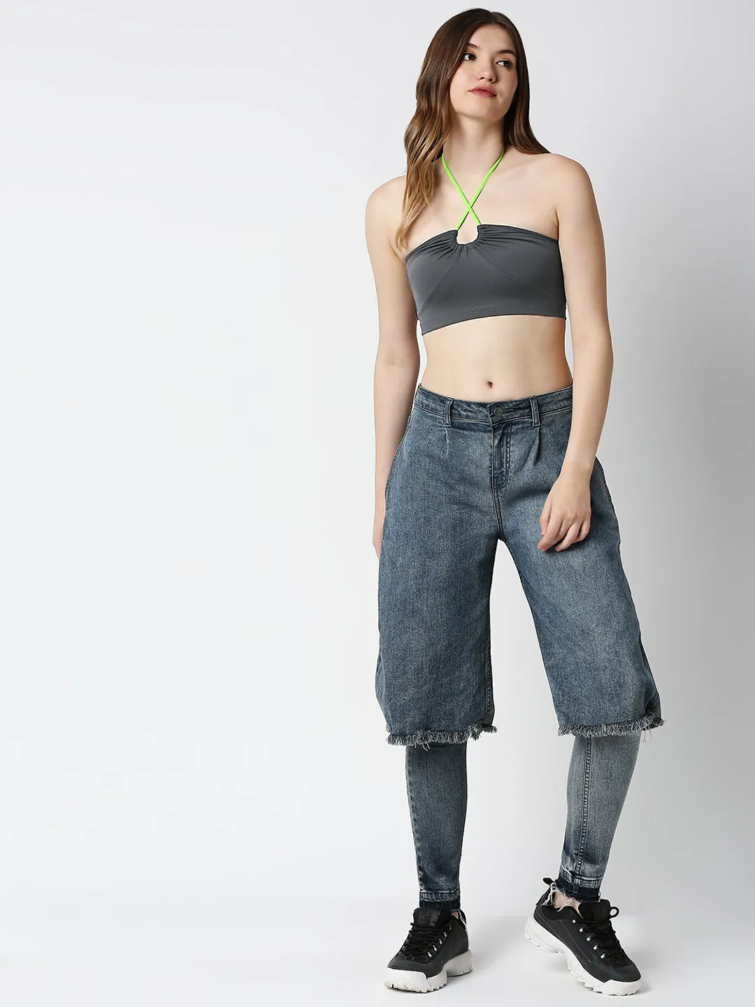 Disrupt Women Charcoal Rouched Cross Front Halter Neck Tie-Up Crop Top