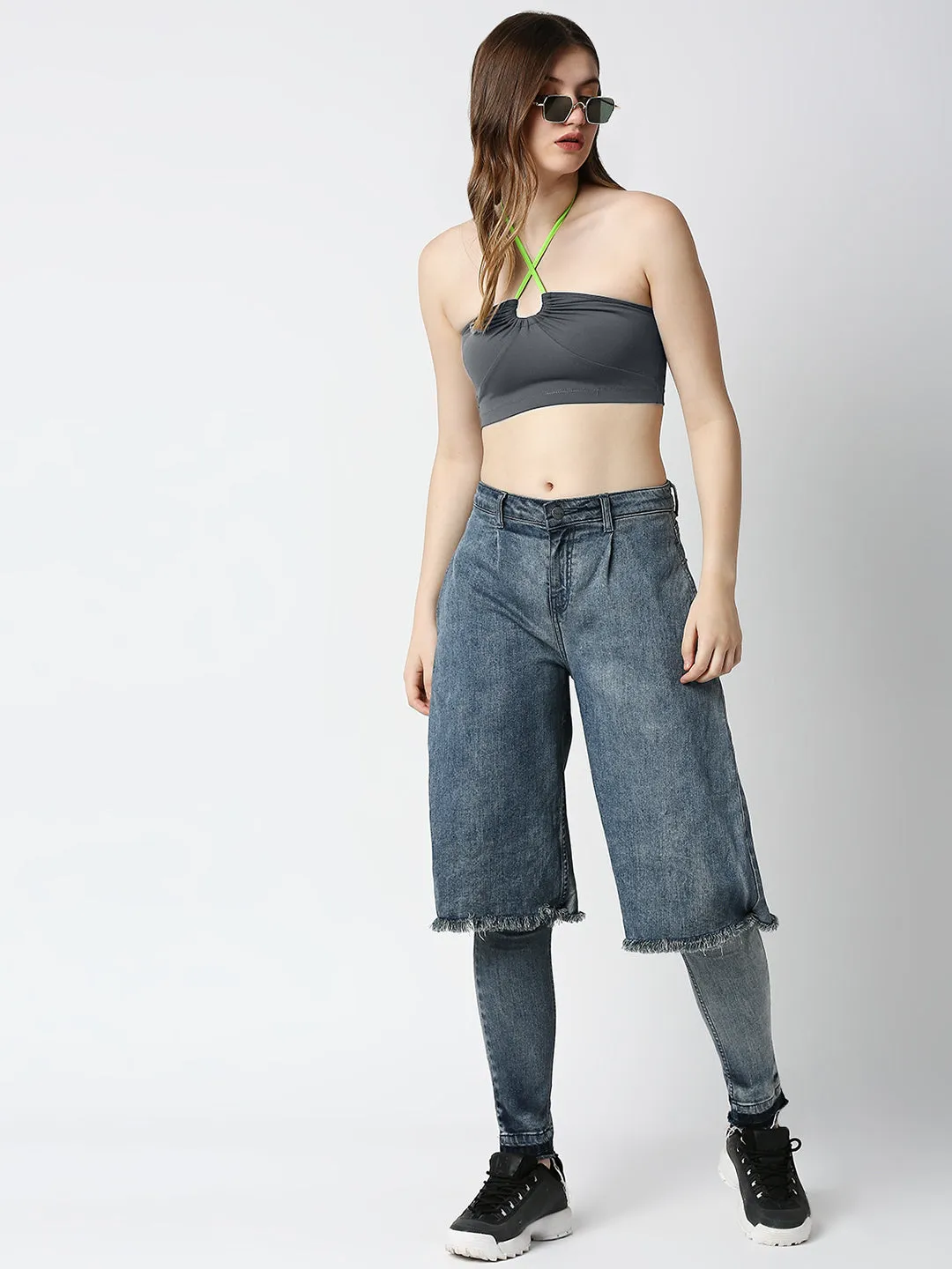 Disrupt Women Charcoal Rouched Cross Front Halter Neck Tie-Up Crop Top