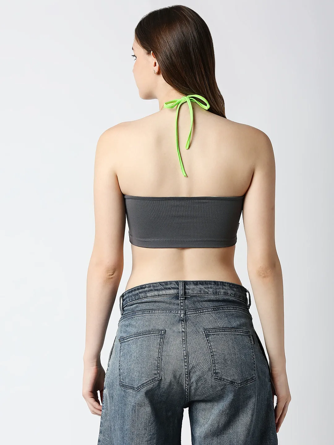 Disrupt Women Charcoal Rouched Cross Front Halter Neck Tie-Up Crop Top
