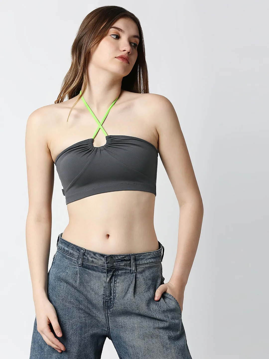 Disrupt Women Charcoal Rouched Cross Front Halter Neck Tie-Up Crop Top