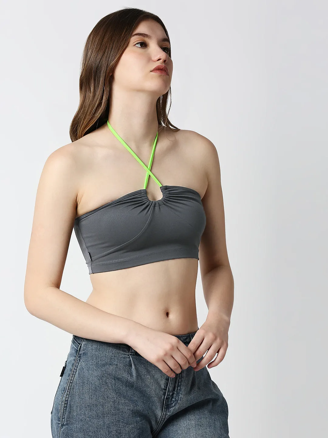 Disrupt Women Charcoal Rouched Cross Front Halter Neck Tie-Up Crop Top
