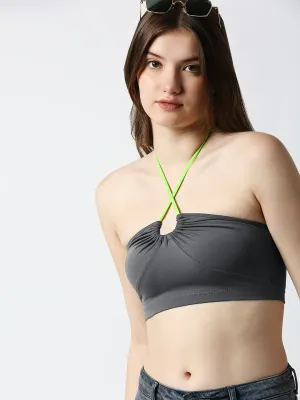 Disrupt Women Charcoal Rouched Cross Front Halter Neck Tie-Up Crop Top