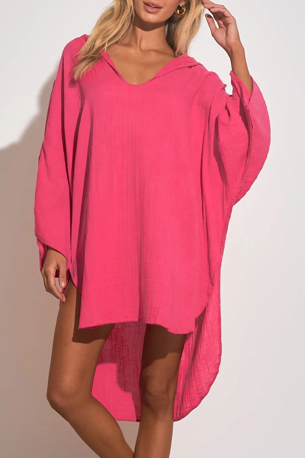 Elan Cotton V-Neck Hoodie Coverup - Hot Pink - FINAL SALE
