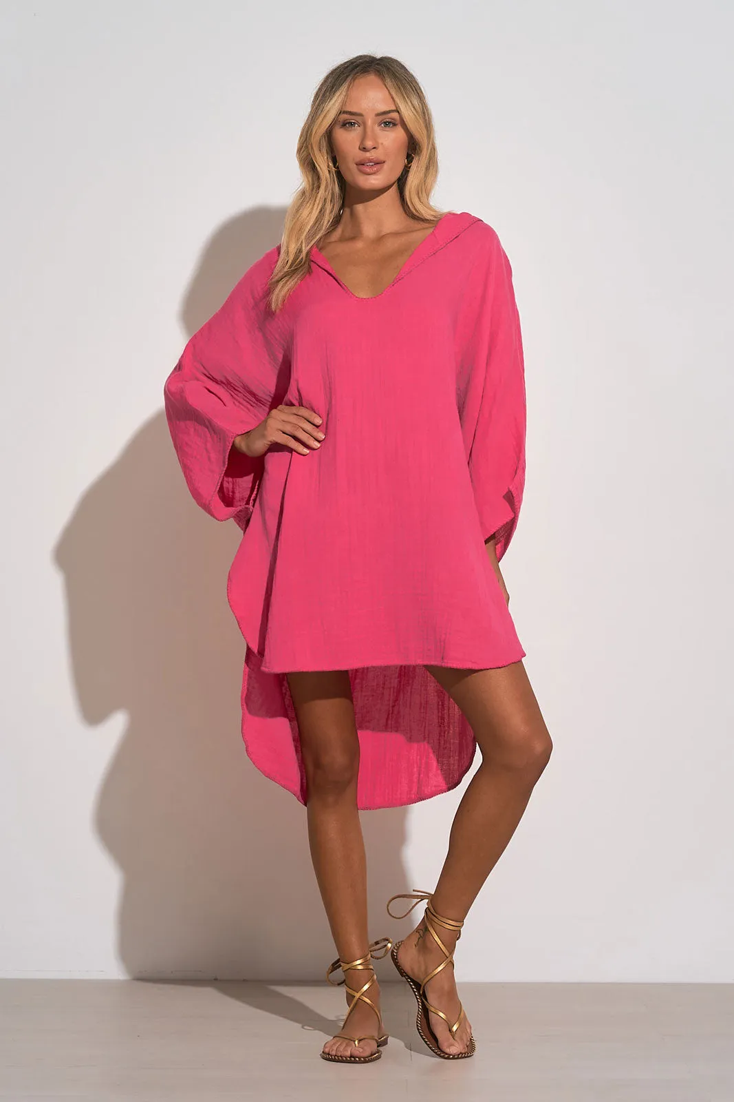 Elan Cotton V-Neck Hoodie Coverup - Hot Pink - FINAL SALE