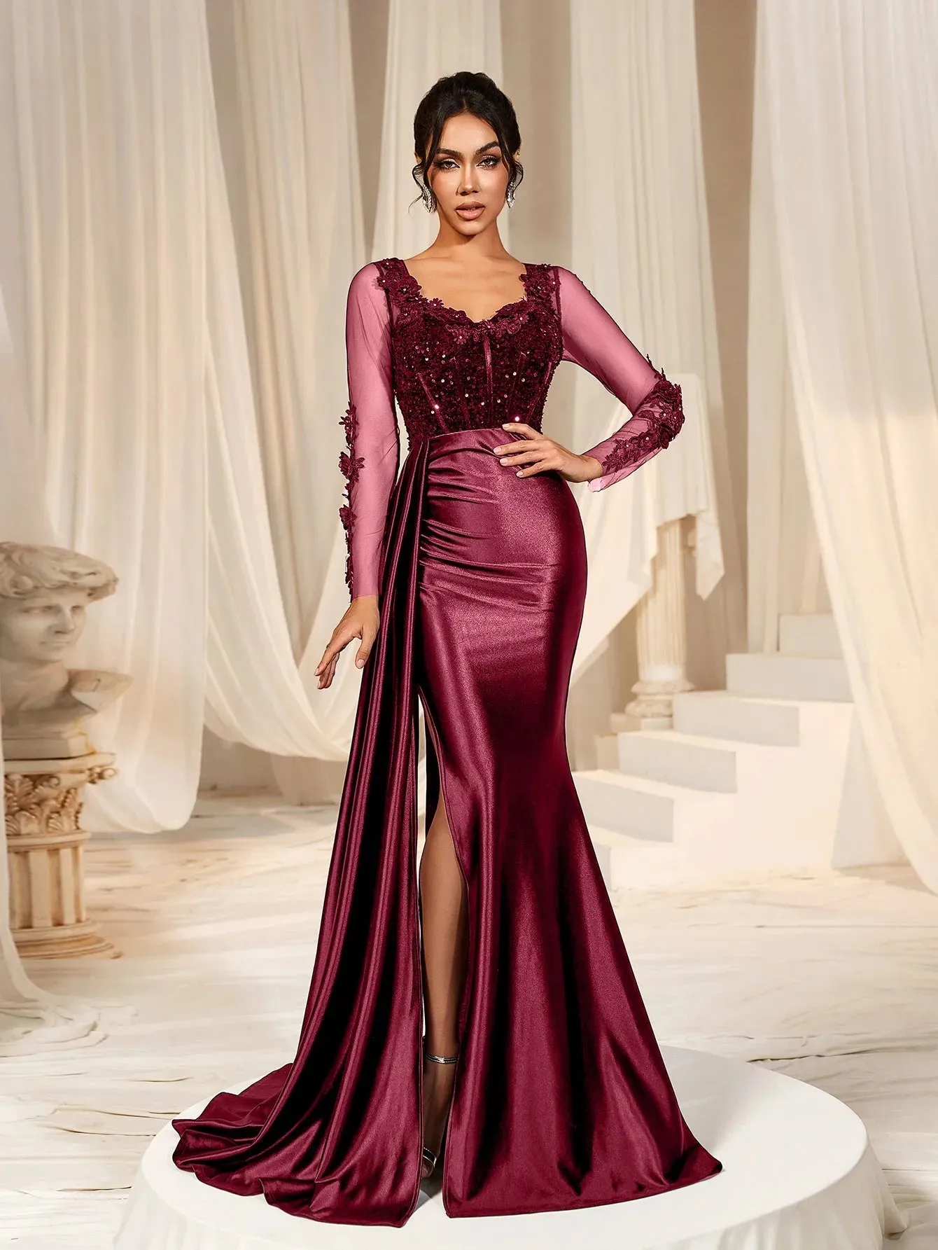 Elegant Sequin Bodice Sheer Sleeves Mermaid Hem Satin Evening Dress