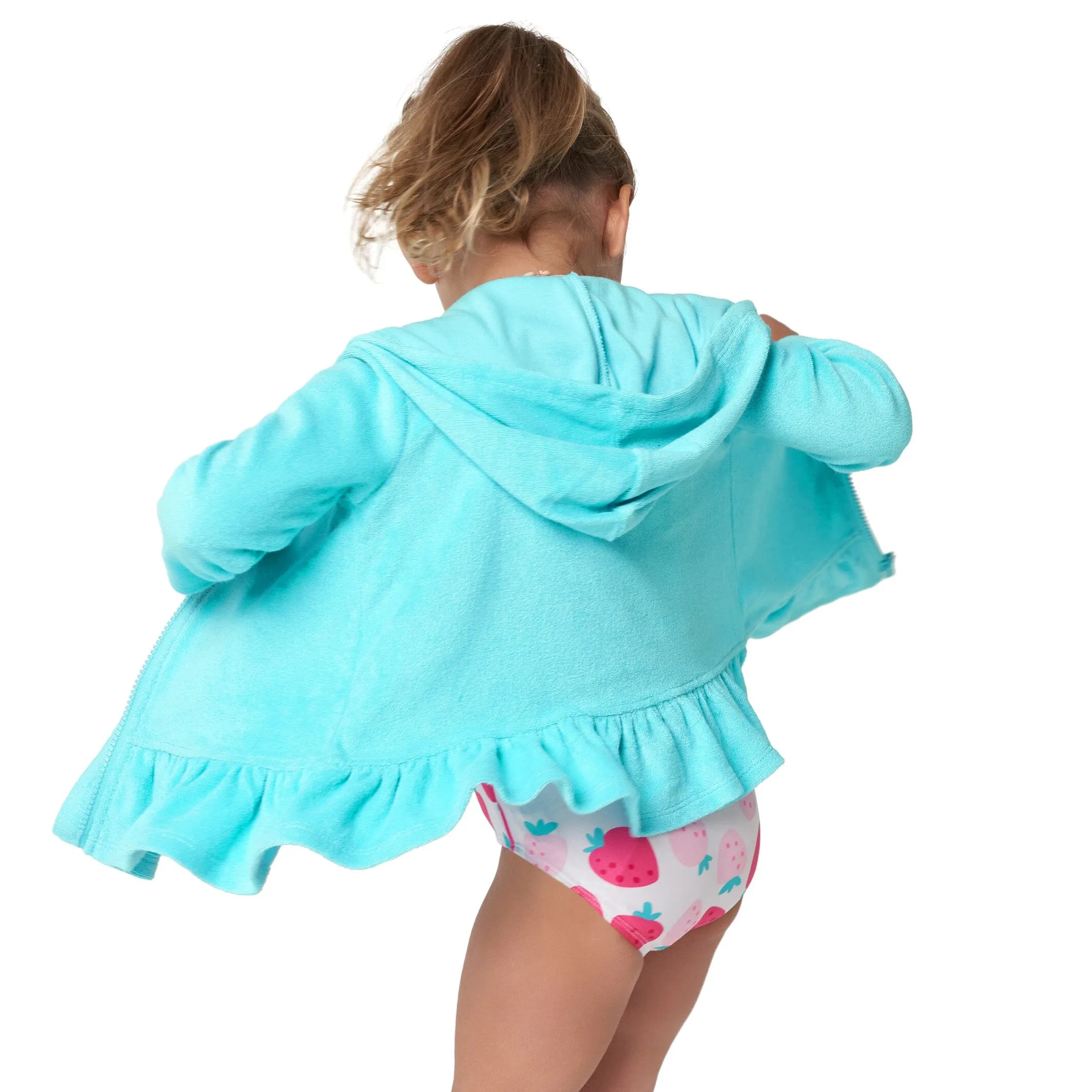 Embroidered Baby & Toddler Girls Aqua Hooded Zip Front Terry Swim Coverup