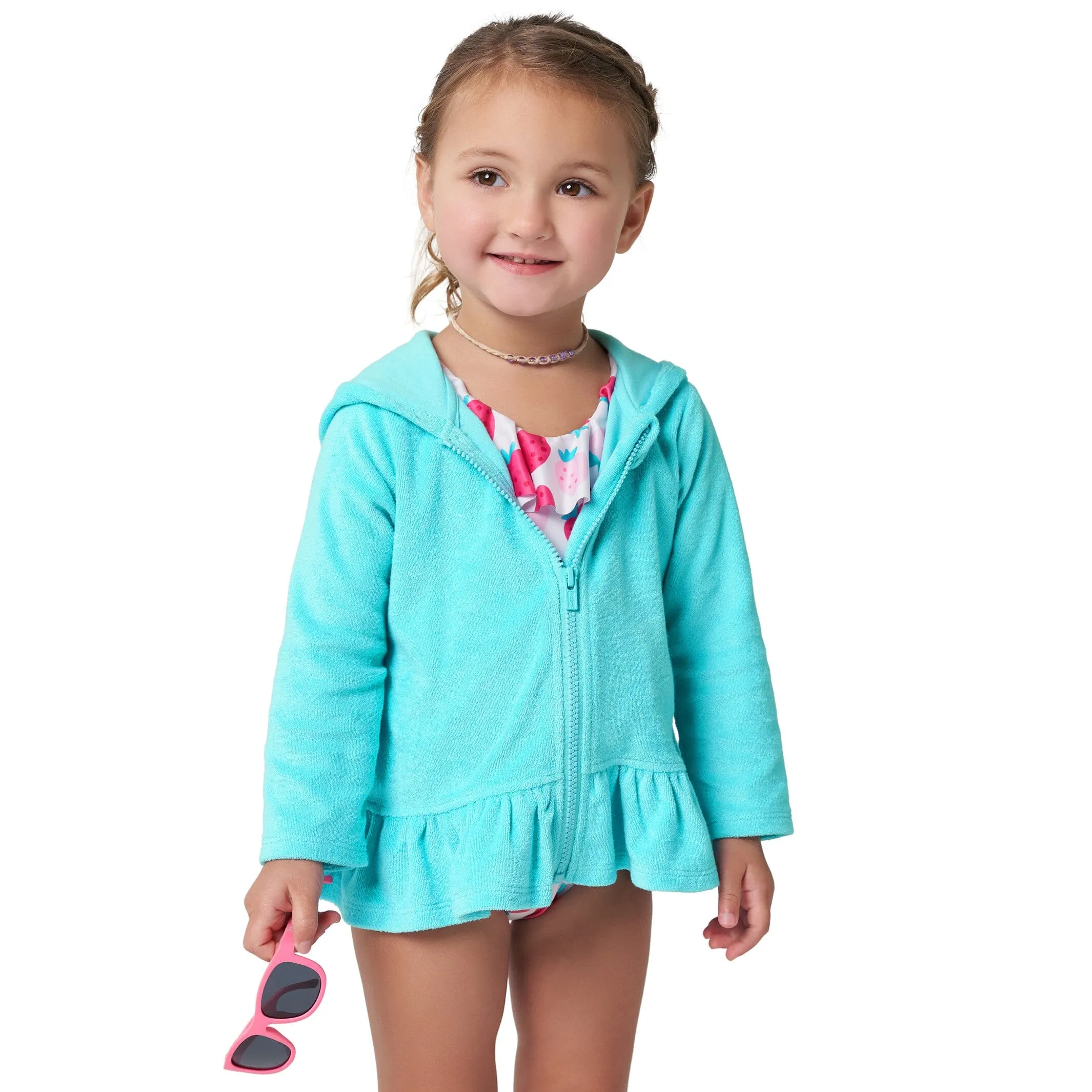 Embroidered Baby & Toddler Girls Aqua Hooded Zip Front Terry Swim Coverup