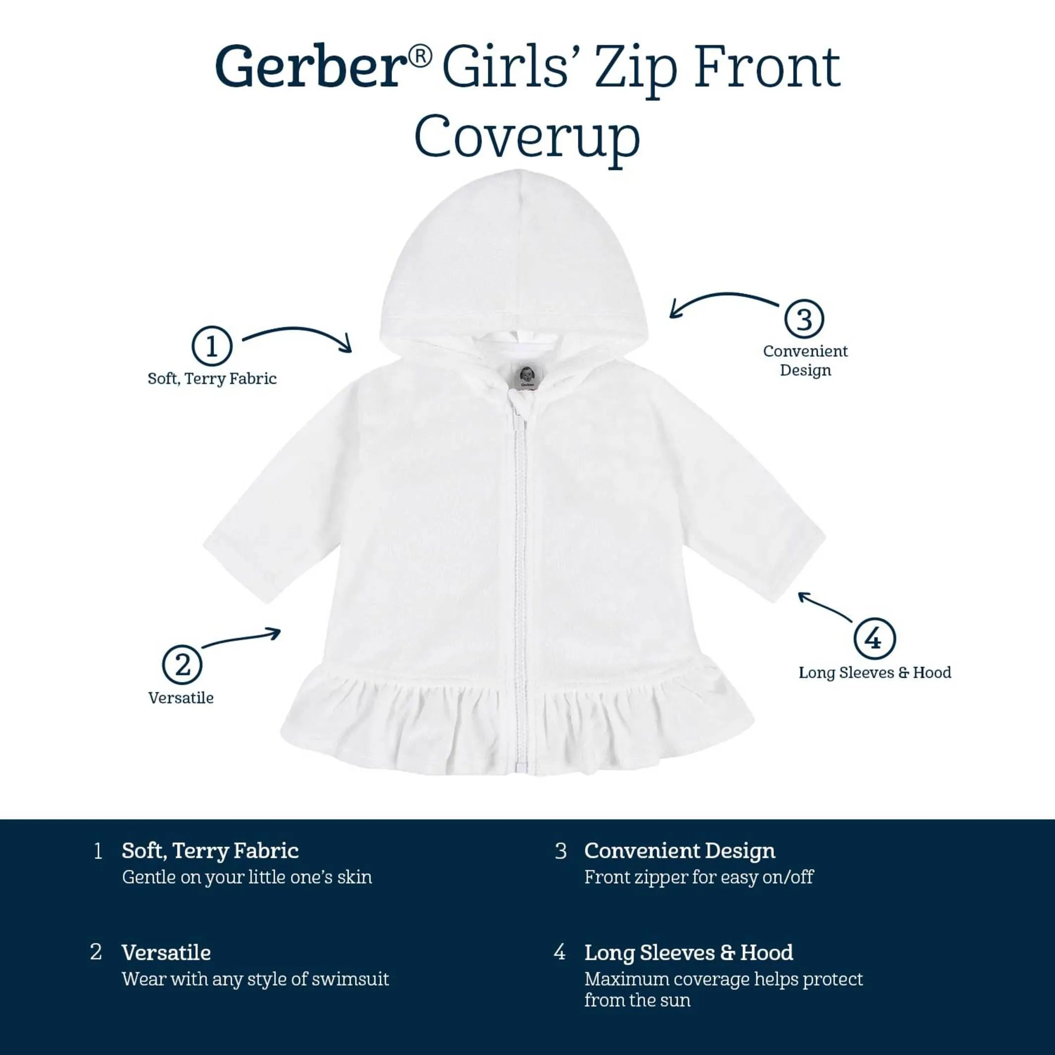 Embroidered Baby & Toddler Girls Aqua Hooded Zip Front Terry Swim Coverup