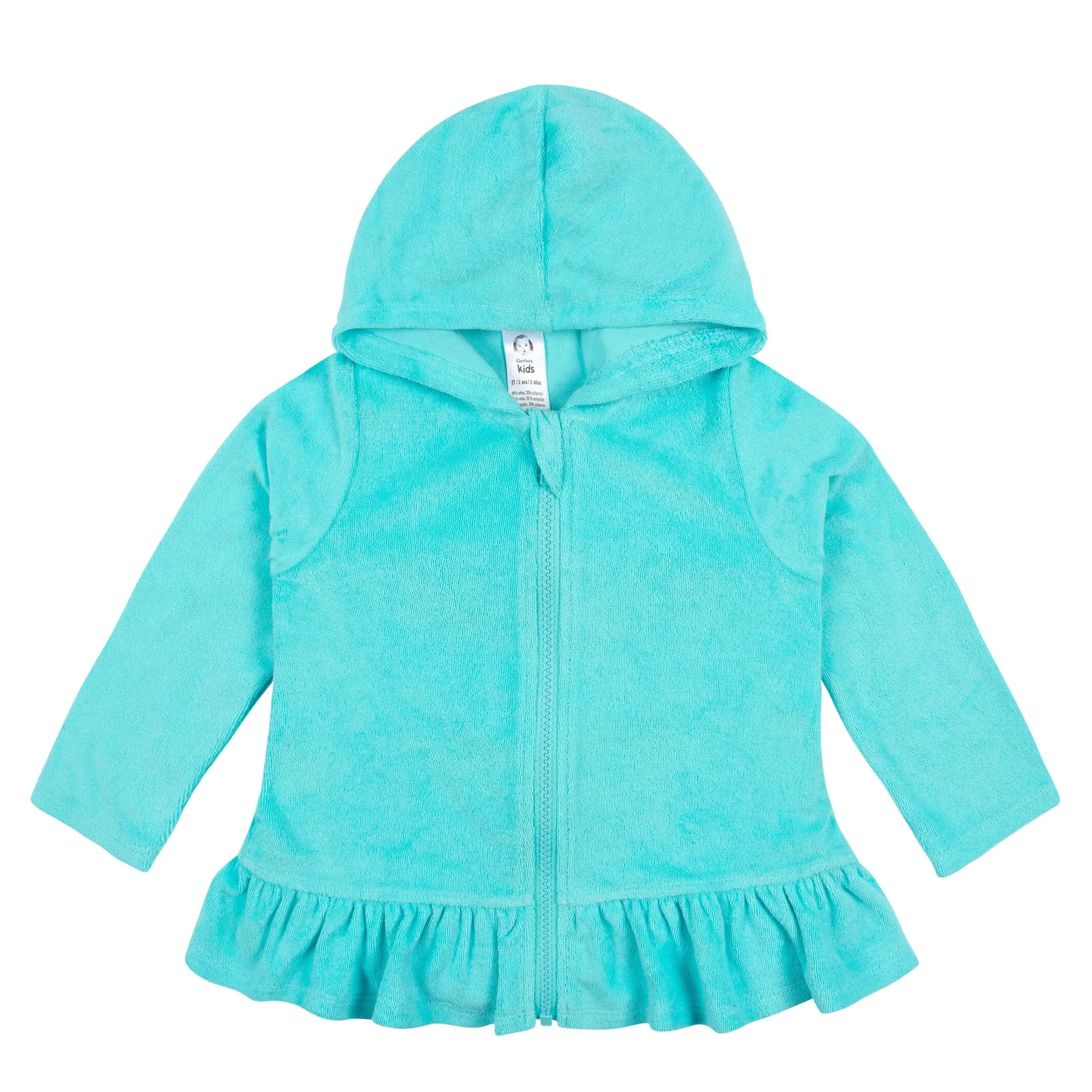 Embroidered Baby & Toddler Girls Aqua Hooded Zip Front Terry Swim Coverup