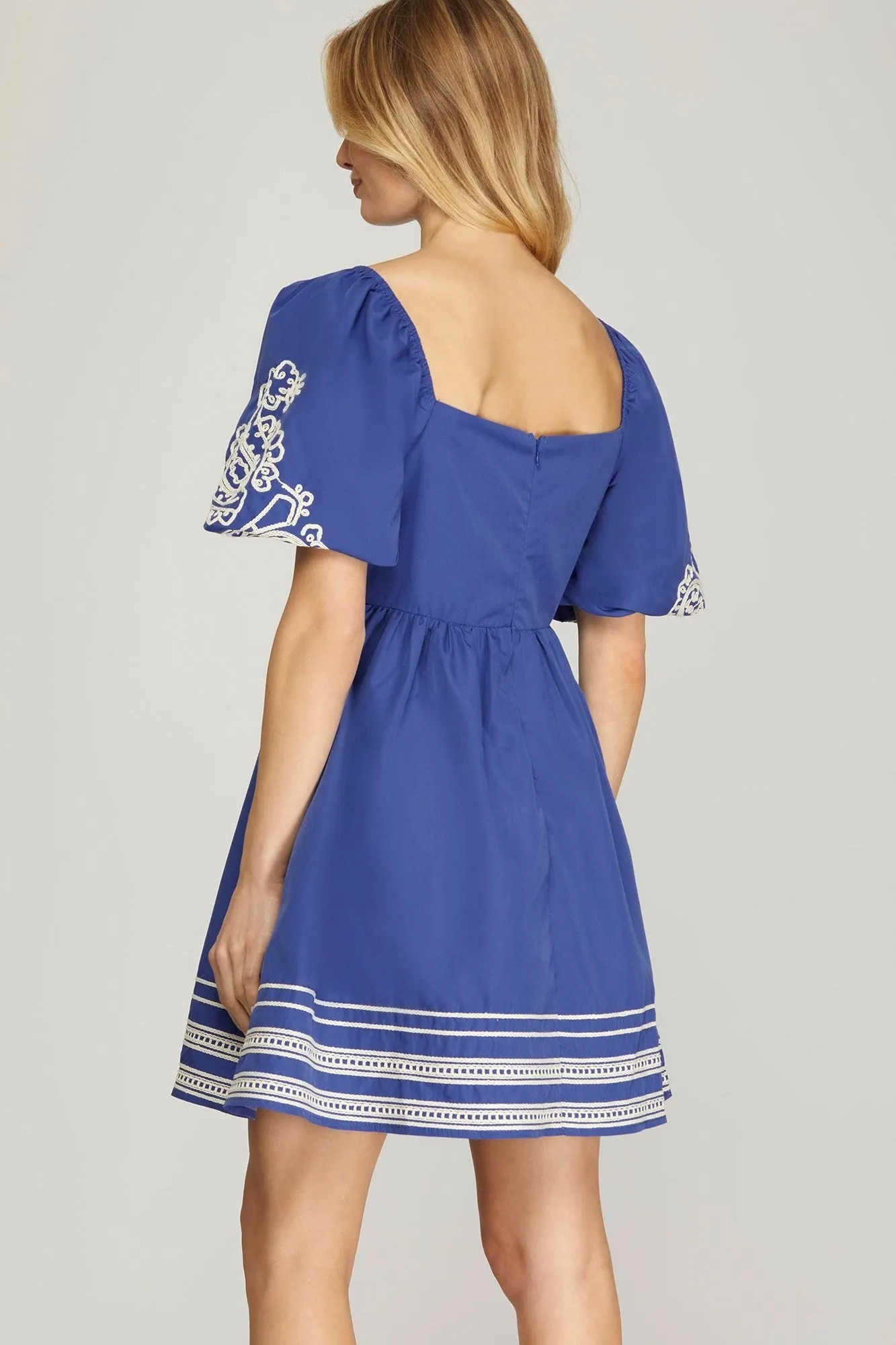 Embroidered Sleeve Lace Trim Woven Mini Dress