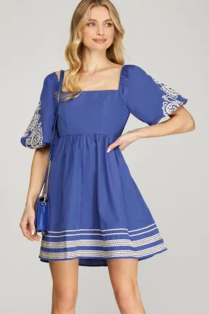 Embroidered Sleeve Lace Trim Woven Mini Dress
