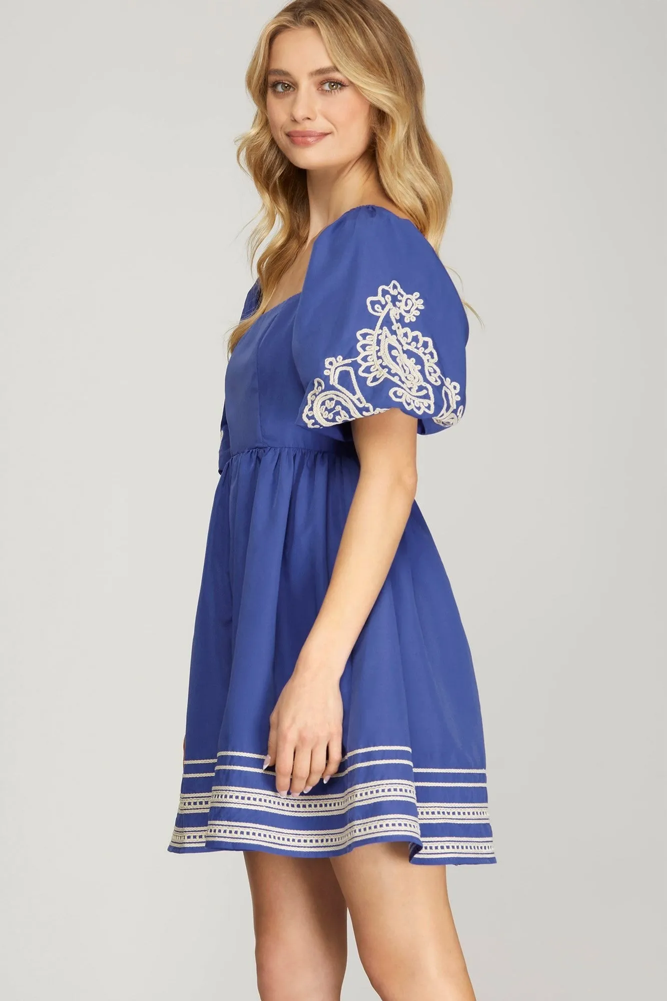 Embroidered Sleeve Lace Trim Woven Mini Dress