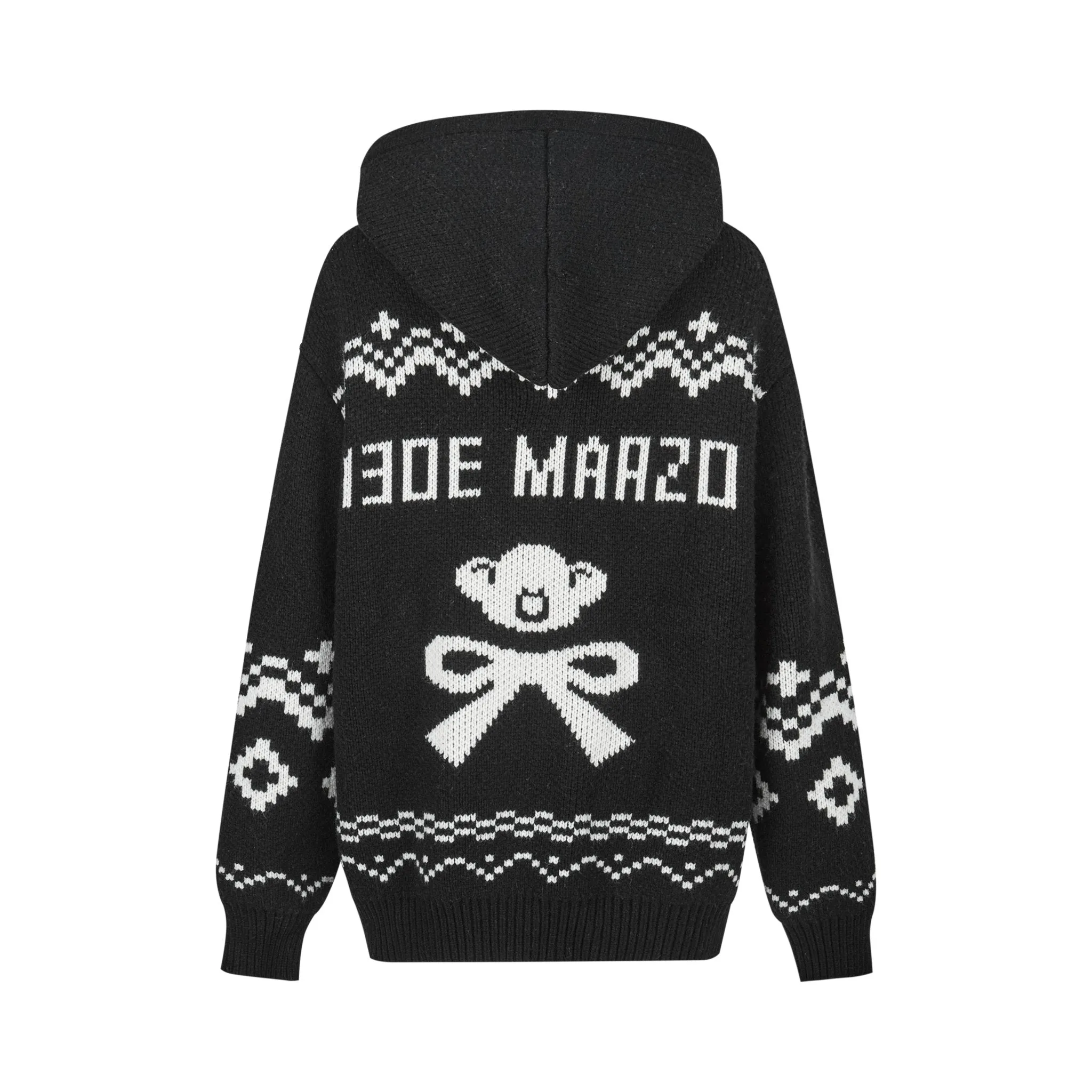 Fair Isle Bear Zip Knit Hoodie In Black