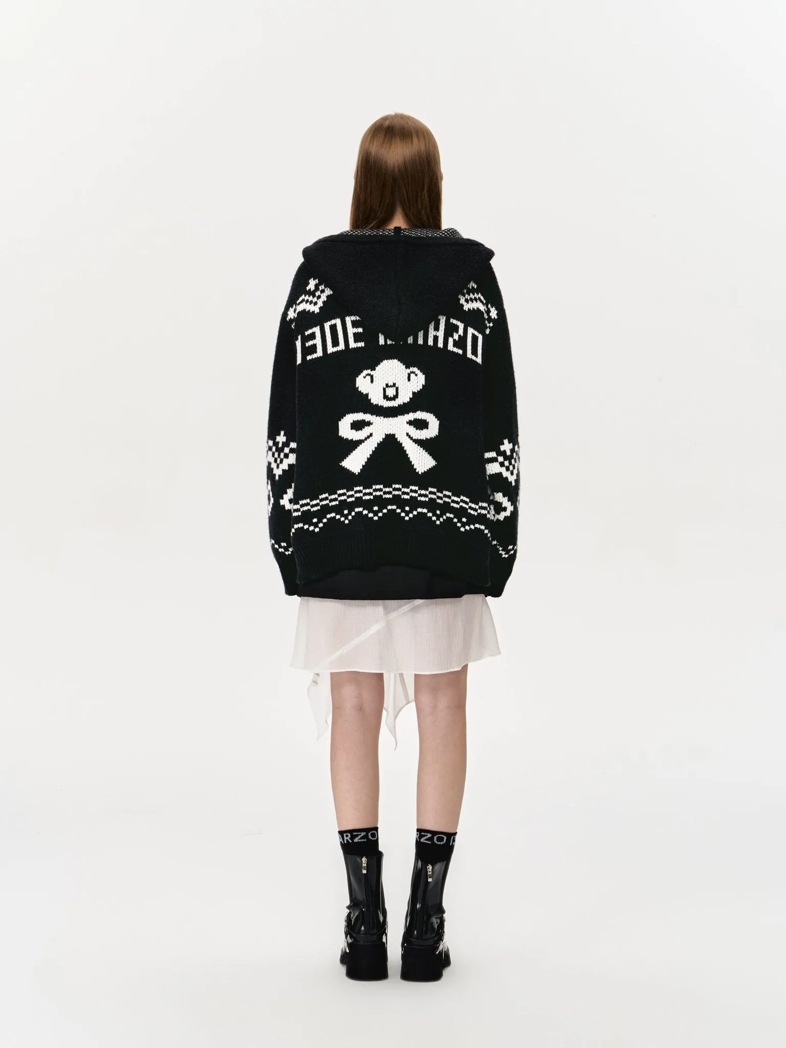 Fair Isle Bear Zip Knit Hoodie In Black