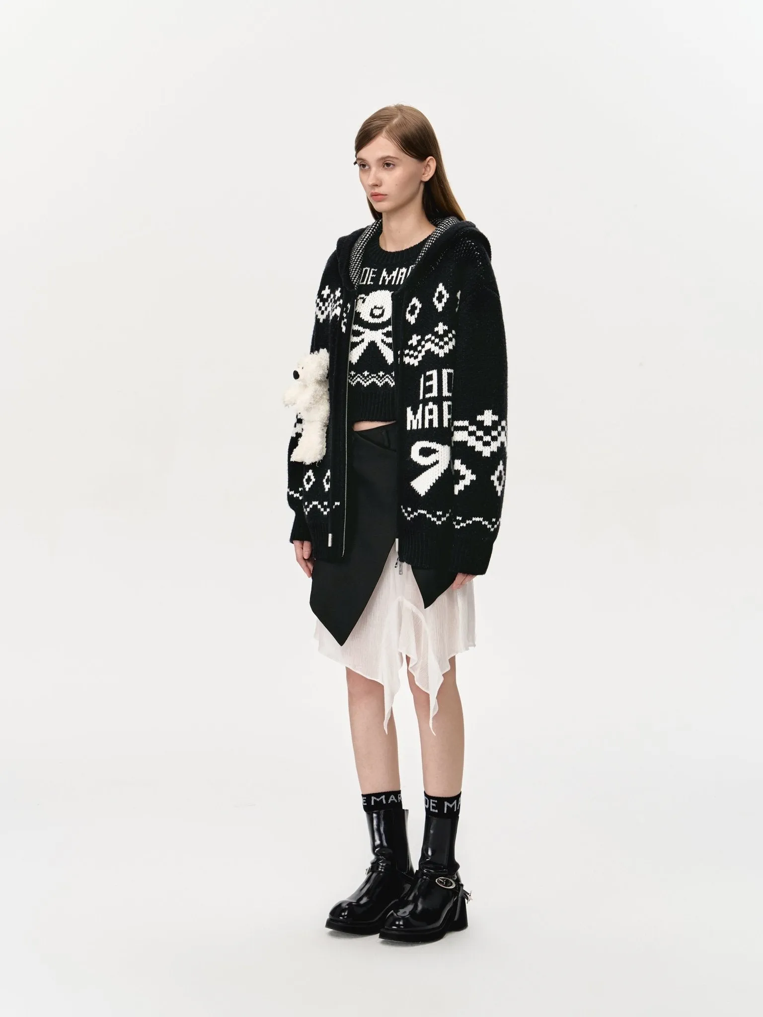 Fair Isle Bear Zip Knit Hoodie In Black