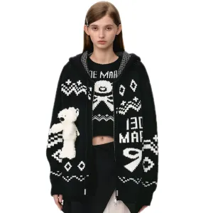 Fair Isle Bear Zip Knit Hoodie In Black