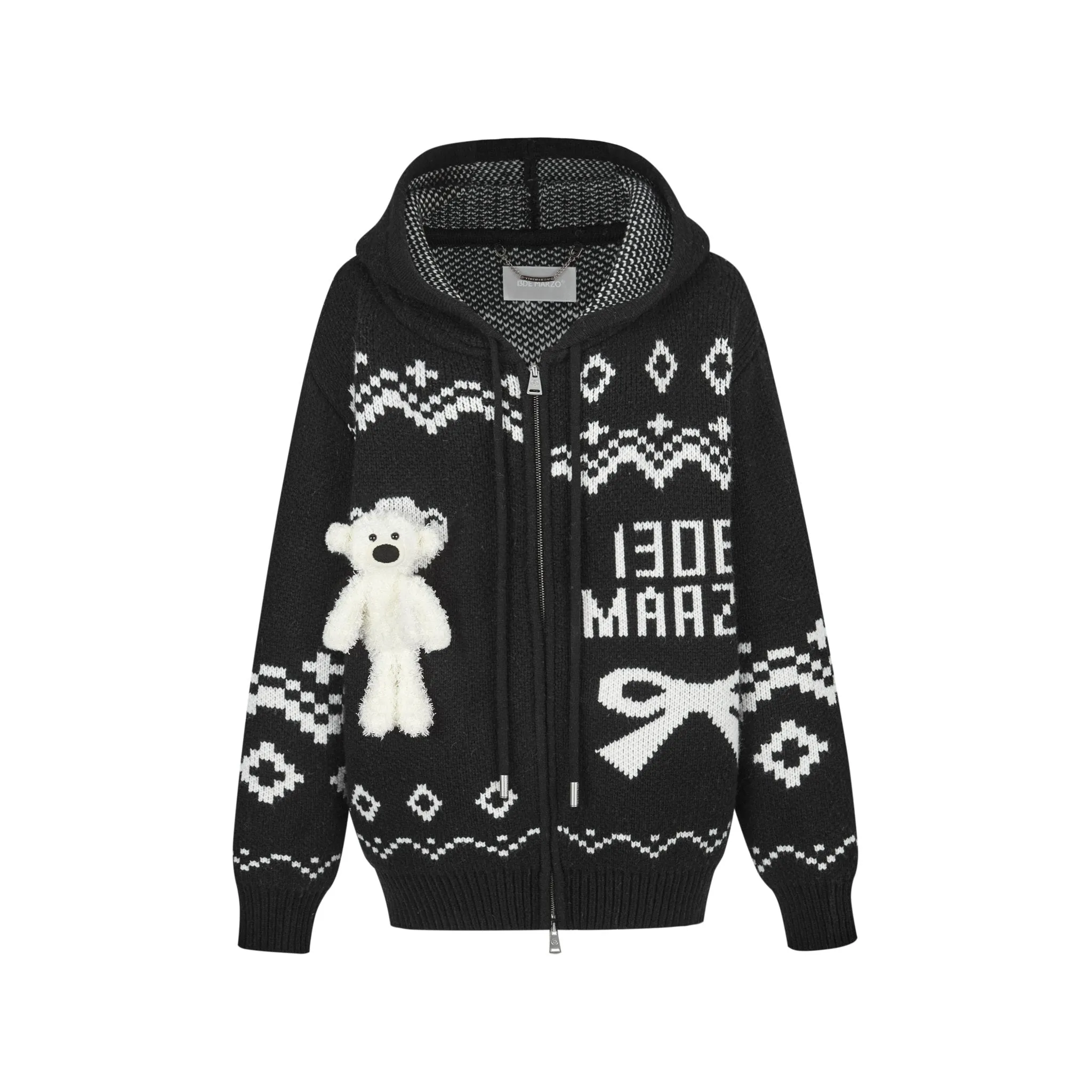 Fair Isle Bear Zip Knit Hoodie In Black