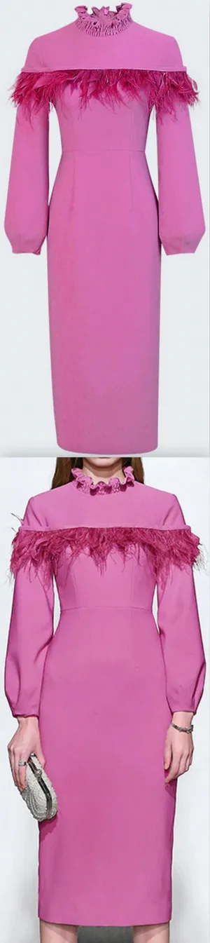 Feather-Trim High-Collar Dress
