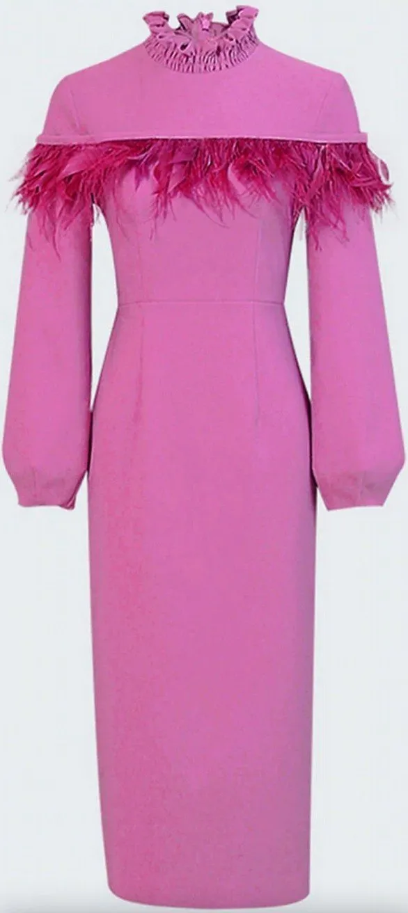 Feather-Trim High-Collar Dress