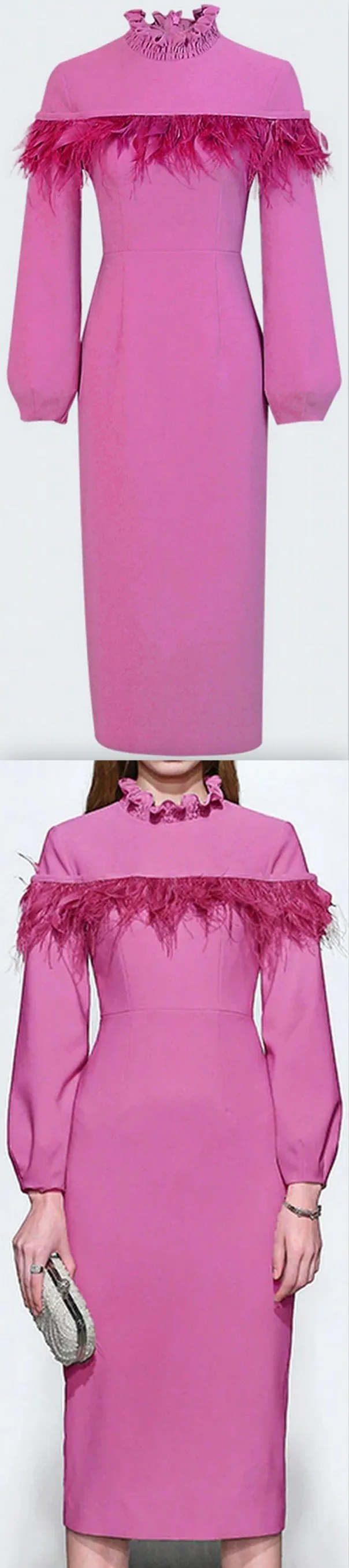 Feather-Trim High-Collar Dress