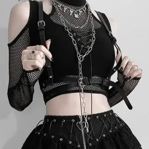 Fishnet Cut Out Halter Bandage Crop Tops Open Shoulder