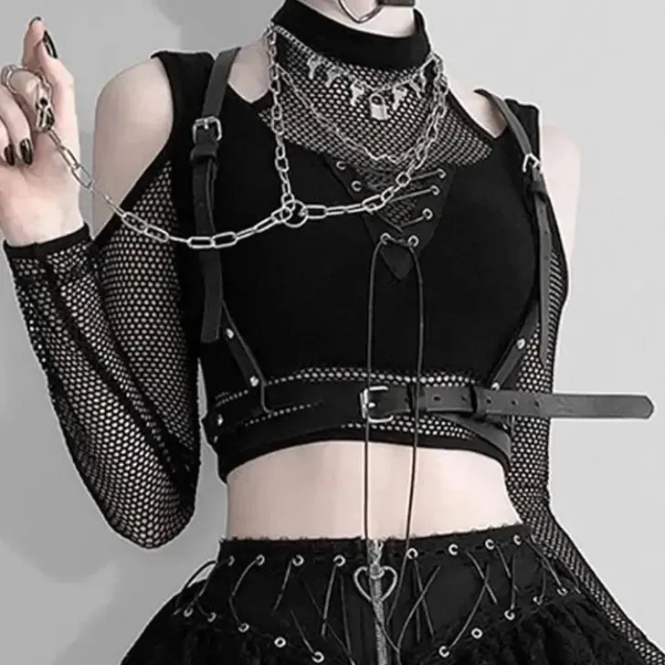 Fishnet Cut Out Halter Bandage Crop Tops Open Shoulder