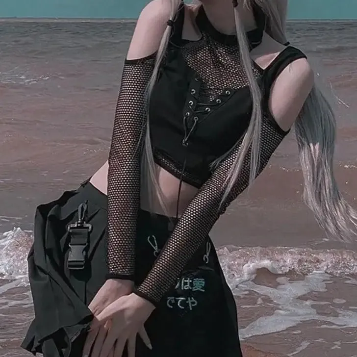 Fishnet Cut Out Halter Bandage Crop Tops Open Shoulder