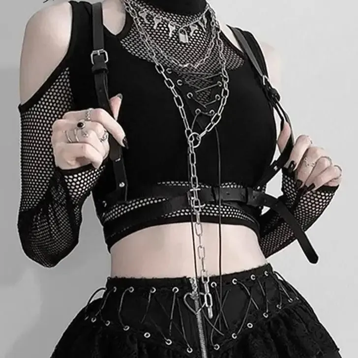Fishnet Cut Out Halter Bandage Crop Tops Open Shoulder