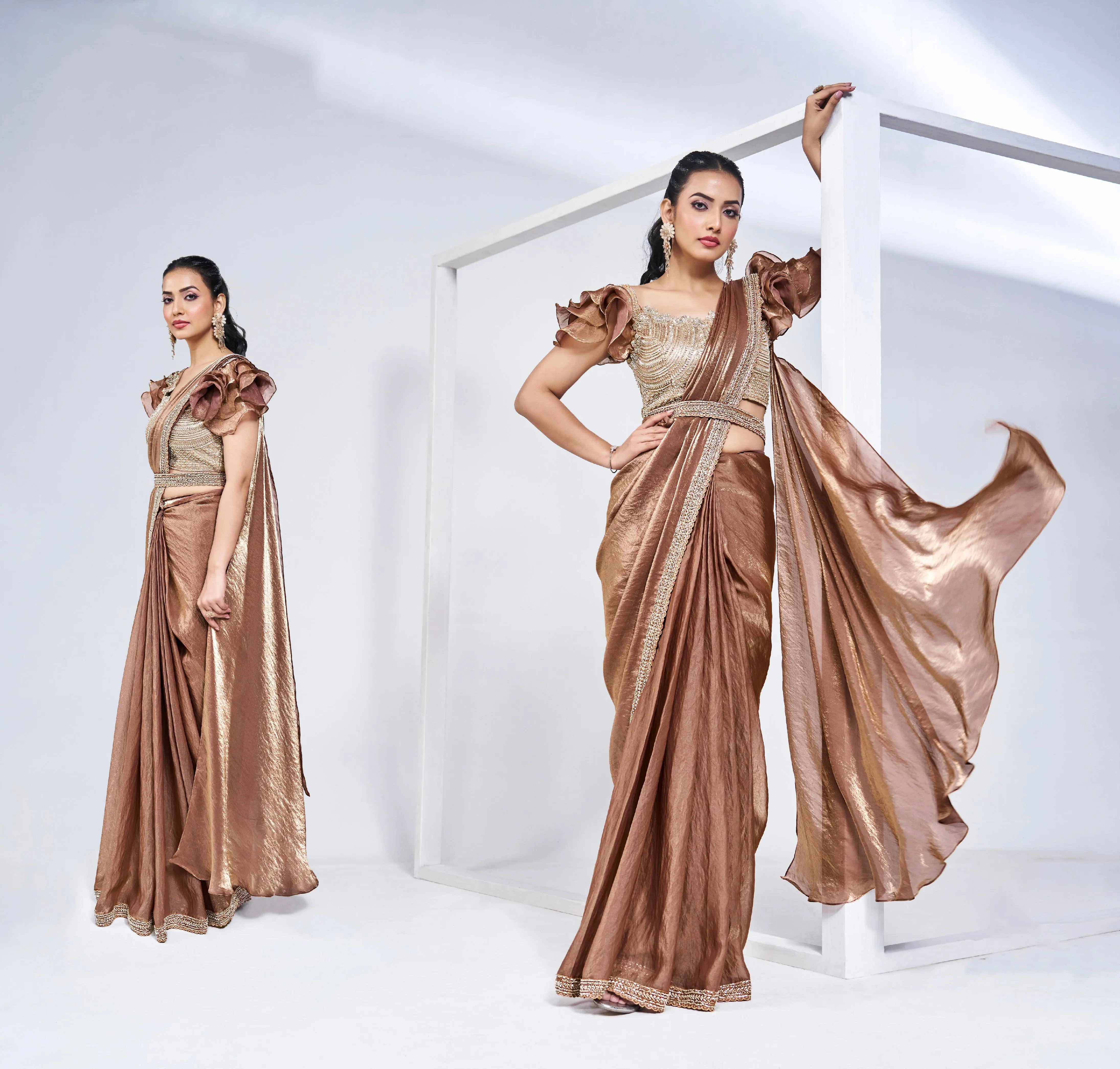 Gold Ready-to-Wear Satin Silk Saree with Intricate Hand Embroidery