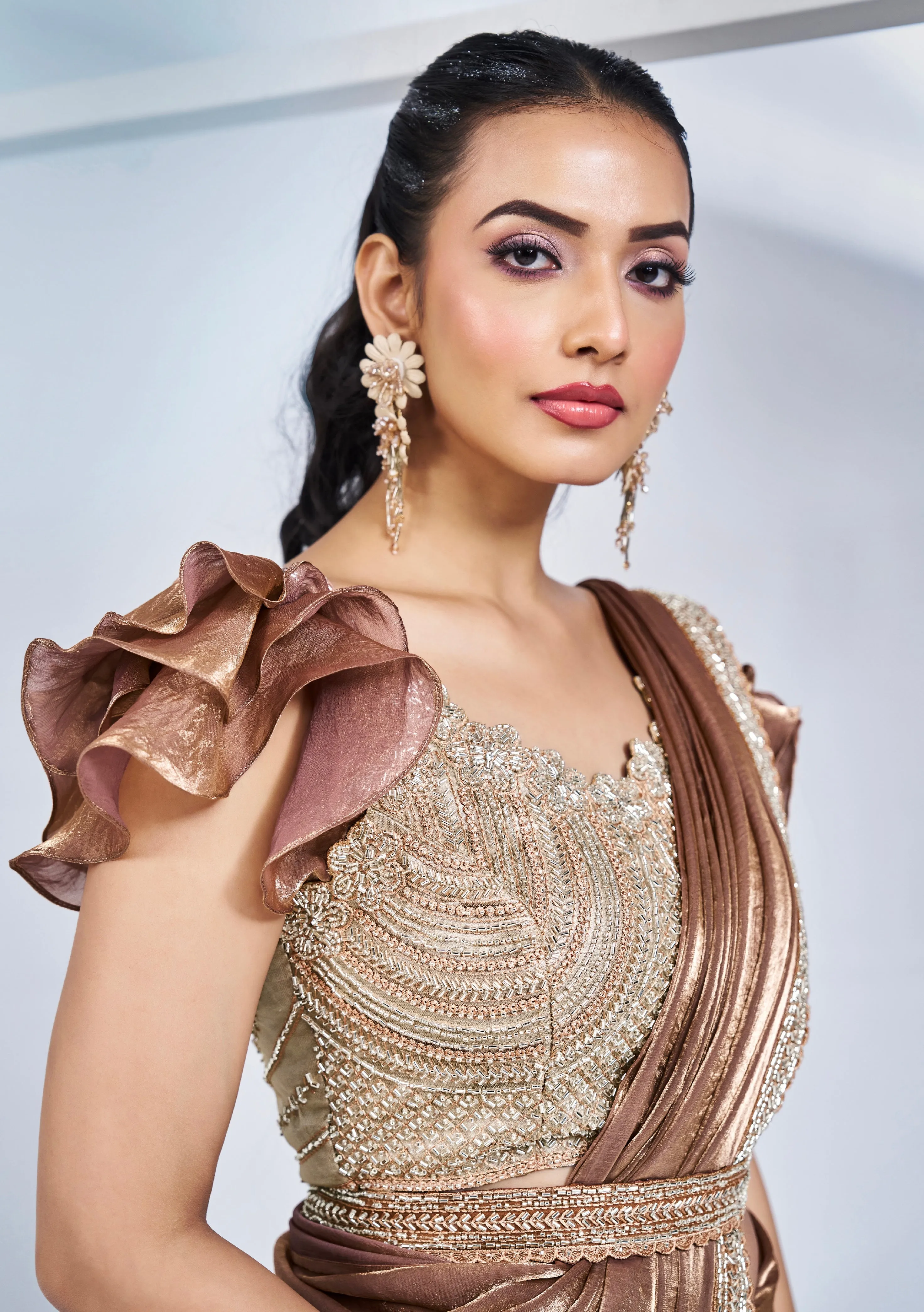Gold Ready-to-Wear Satin Silk Saree with Intricate Hand Embroidery