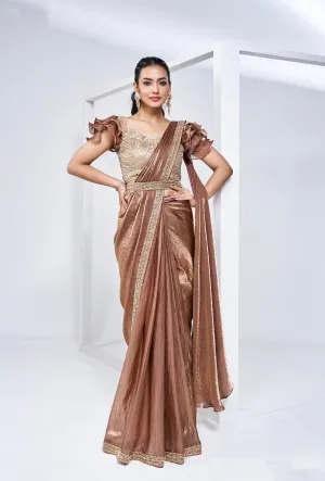 Gold Ready-to-Wear Satin Silk Saree with Intricate Hand Embroidery
