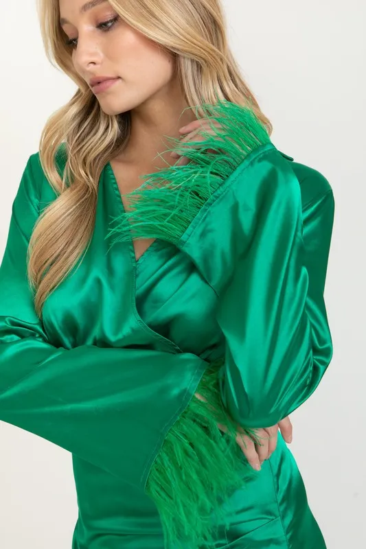 Green Satin Feather Trim Mini Dress
