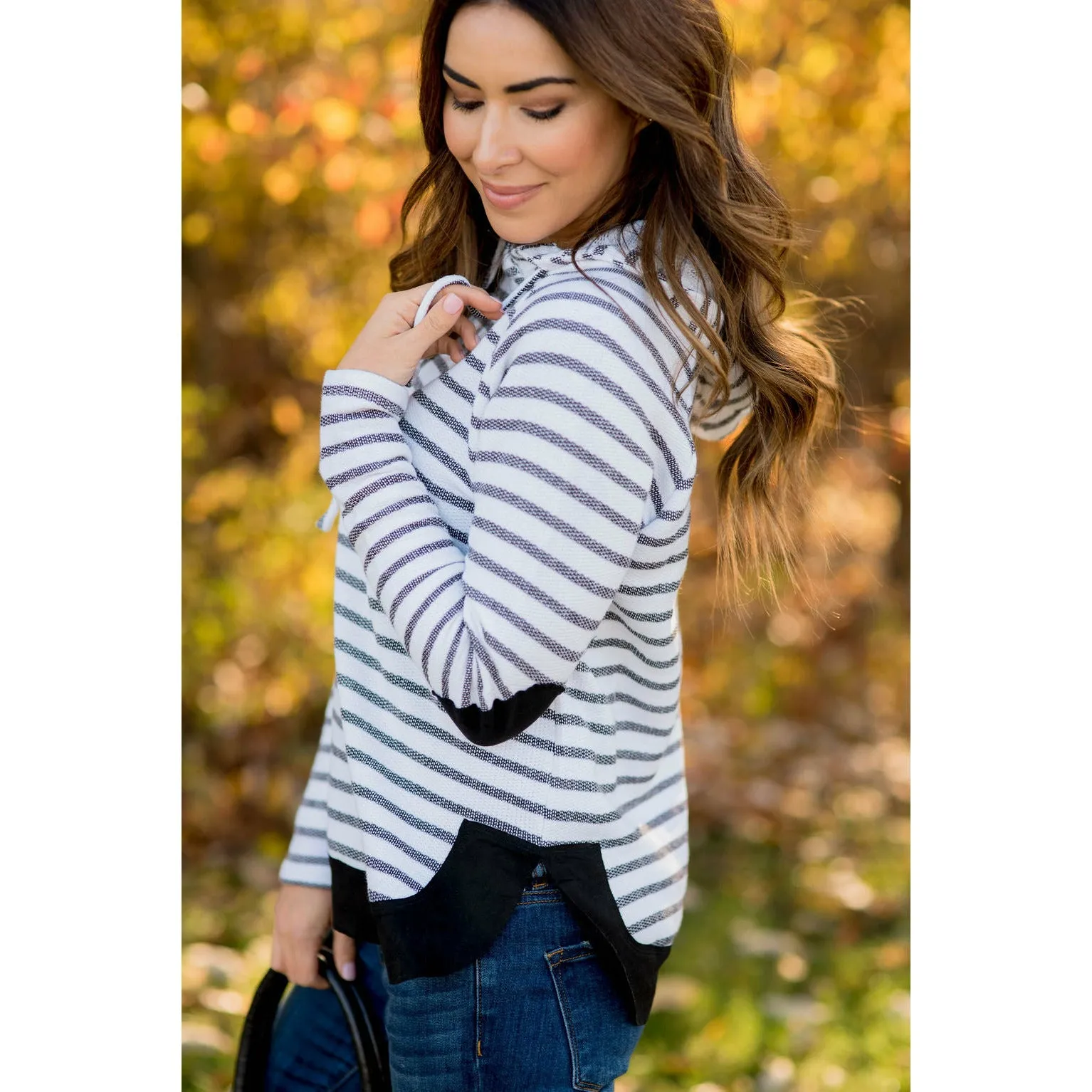 Heavily Trimmed Striped Elbow Patch Hoodie
