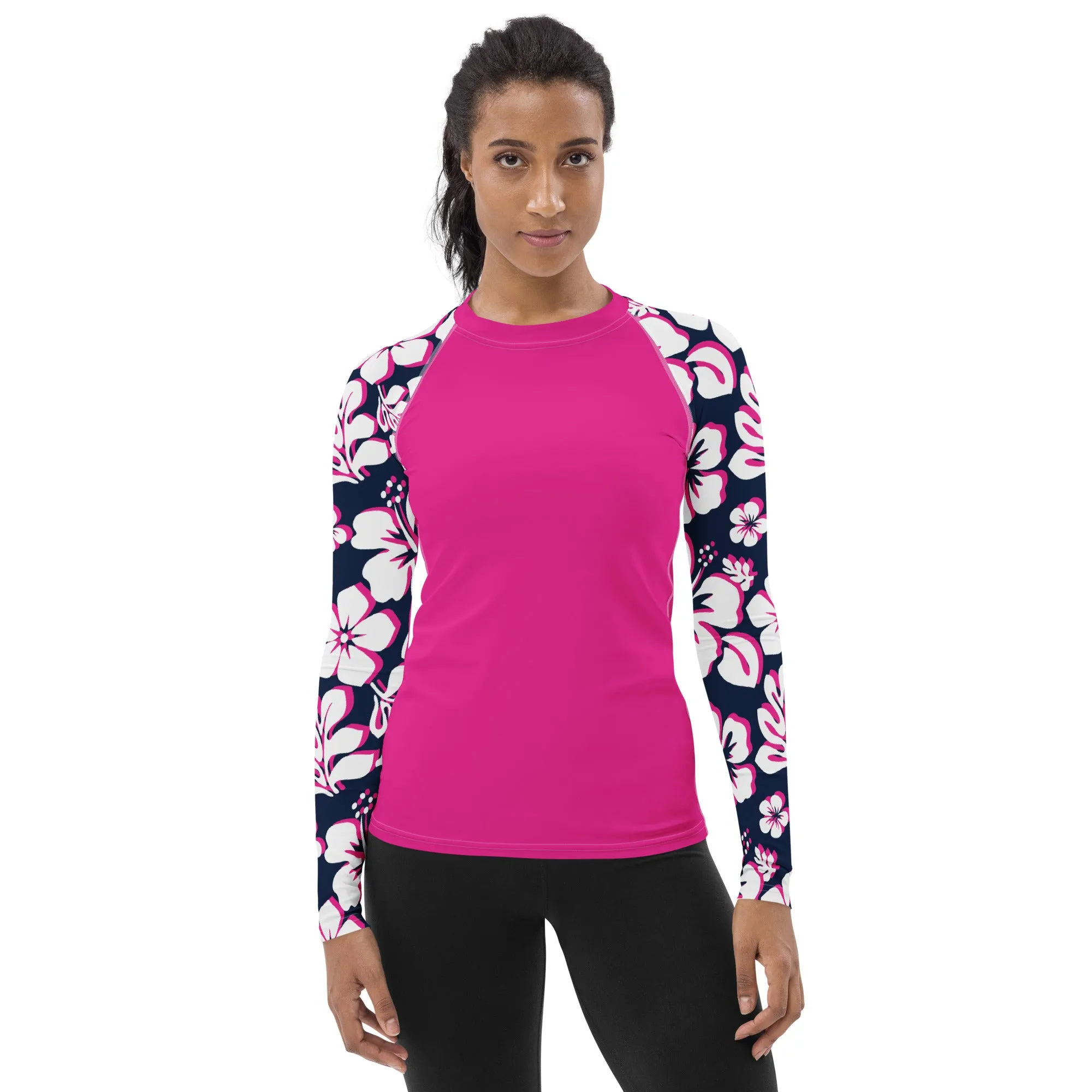 Hot Pink Women's Rash Guard with White, Hot Pink and Navy Blue Hawaiian Print Sleeves