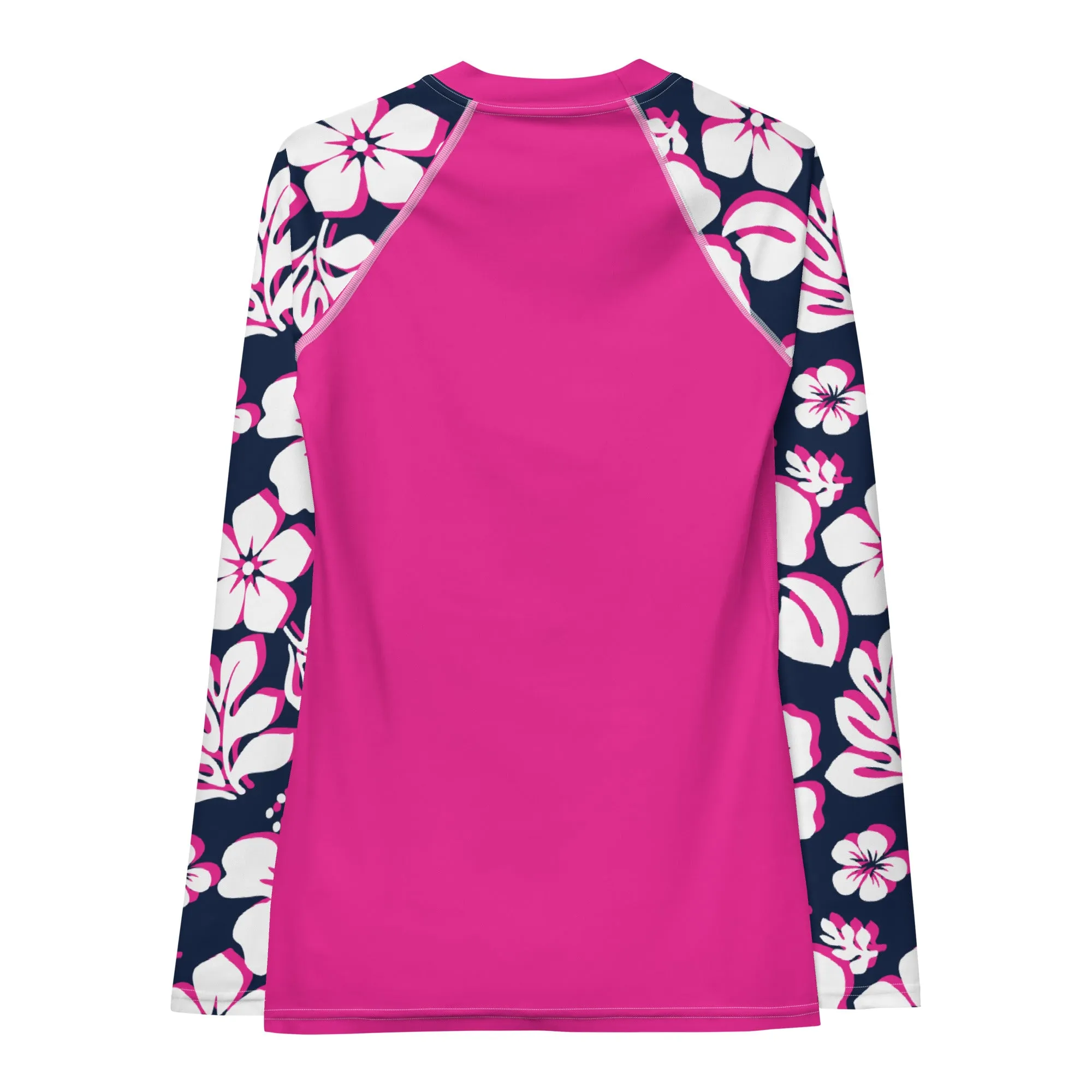 Hot Pink Women's Rash Guard with White, Hot Pink and Navy Blue Hawaiian Print Sleeves
