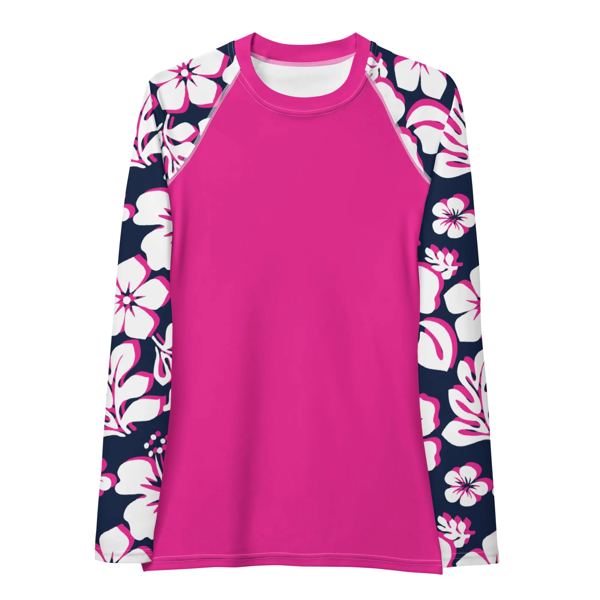 Hot Pink Women's Rash Guard with White, Hot Pink and Navy Blue Hawaiian Print Sleeves
