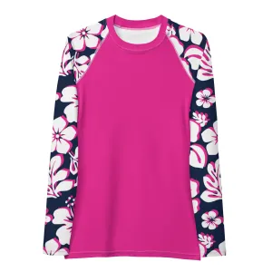 Hot Pink Women's Rash Guard with White, Hot Pink and Navy Blue Hawaiian Print Sleeves