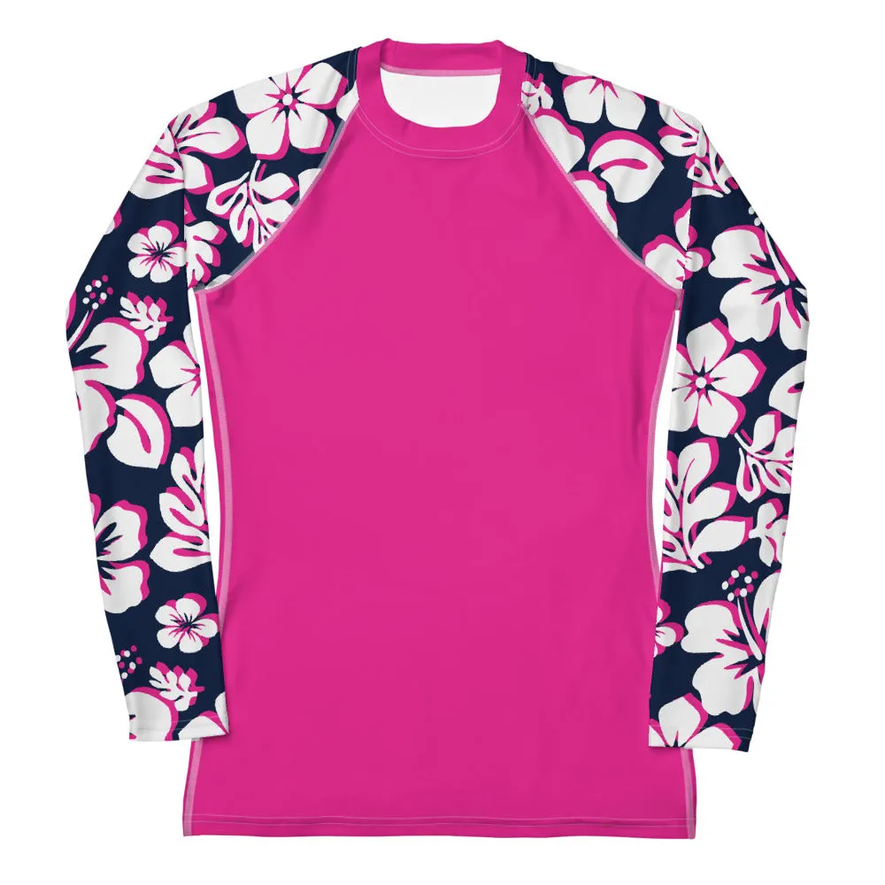 Hot Pink Women's Rash Guard with White, Hot Pink and Navy Blue Hawaiian Print Sleeves