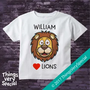 I Love Lions shirt with name, 100% cotton short or long sleeve 09252017b