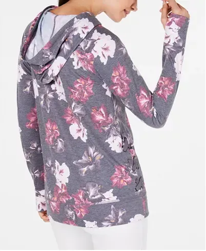 Ideology Floral-Print Lace-Up Hoodie Size S