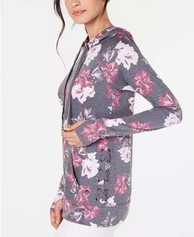Ideology Floral-Print Lace-Up Hoodie Size S
