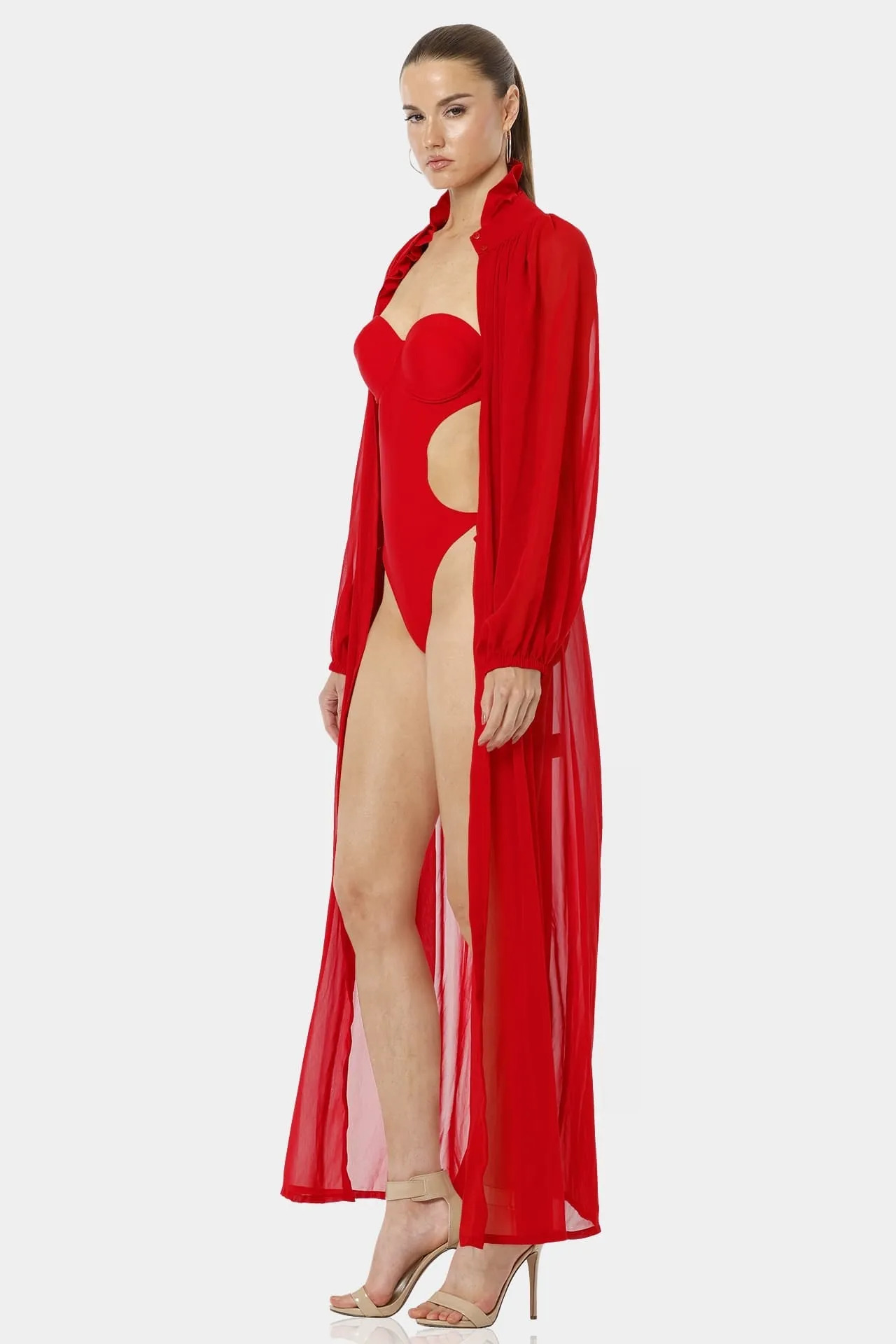Kamini Red Sexy Strapless Designer Swimsuit With Long Cover Up